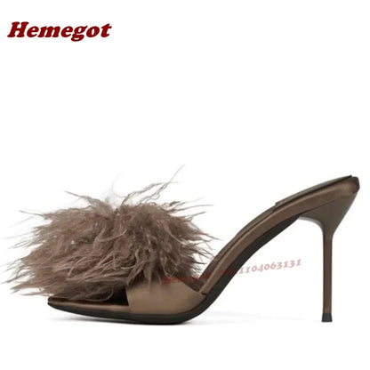 Purple Fluffy Fur Stiletto Heels Slippers Open Toe Satin Slip On Women Mules Summer Solid Patchwork Cute Casual Shoes Luxury