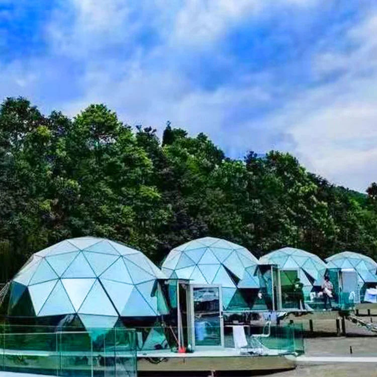 Modern Geodesic Glass Dome Tent with Private Bathroom Four-Season UV-resistant Fireproof for High-End Glamping Resorts