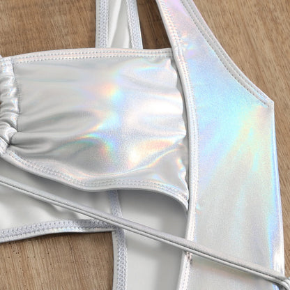 Sexy Glitter Metallic Halter Swimsuit One Piece Hollow Out Tie Bikinis Swimwear Bodysuits Women Biquini Bathing Suits Tankini