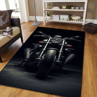Motorcycle Art Rug for Modern Homes - Stylish Black Bike Design Carpet Perfect for Living Room Decor and Motorcycle Enthusiasts