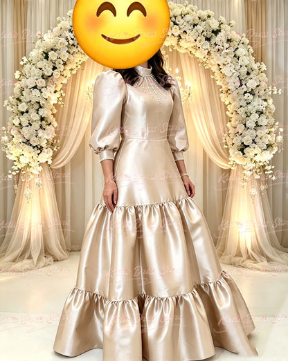 Satin Bridesmaid Dress For Women Balloon Sleeve A-line High Neck WIth Pearls Birthday Party Evening Ball Gown Customized