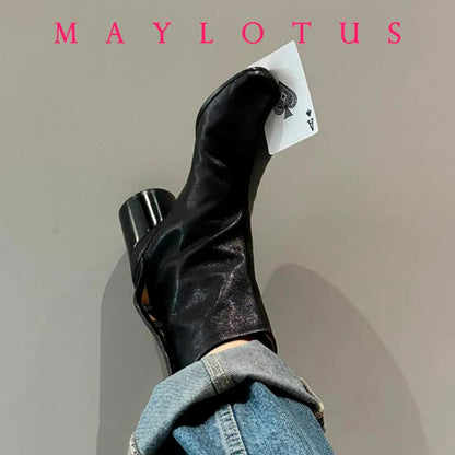 2025 Design Leather Tabi Boots Fashion Round Toe Chunky Mid Calf Boots  Autumn Winter Split Toe Shoes