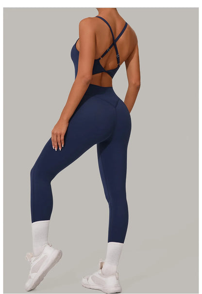 New Nylon Pad V-Neck Wrap Yoga Bodysuit - Adjustable Hook Tummy Control Butt Lift Workout Jumpsuit