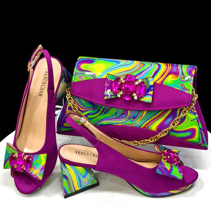 Venus Chan 2024 Fashion Purple Color Painted Rhinestones Elegant Peep Toe Sandals Shoes and Bag Set Italian Heels for Womens