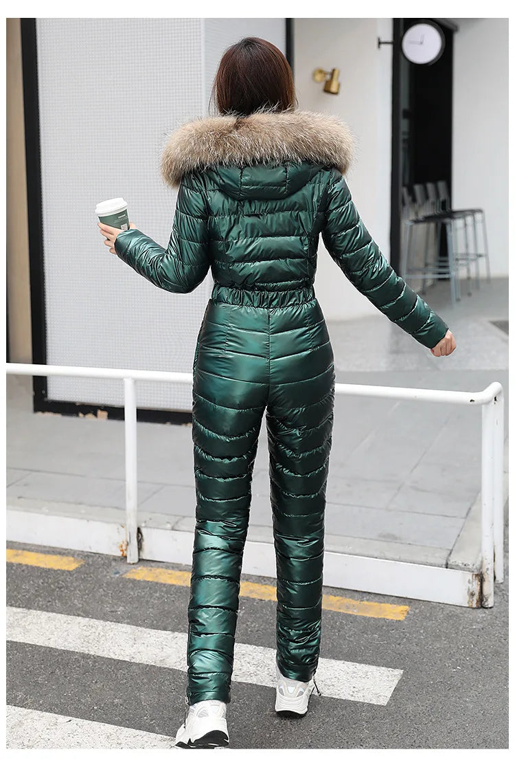 Jumpsuits One Piece Ski Suit Winter Thicken Snow Place Down Cotton Women Suits Warm Hooded Waist Slim Shiny Outdoor Sports