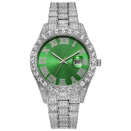 Luxury Fashion Hip Hop Men's Wristwatch, Roman Numeral Dial, Round Rhinestone Date Display,Men's Business Quartz Watch Clock