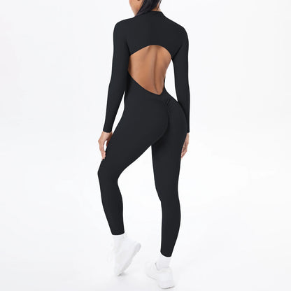 Solid Color Bodysuits for Woman's Backless Long Sleeved Zipper Yoga Jumpsuits High Dtrength Workout Sports Fitness Clothing Set