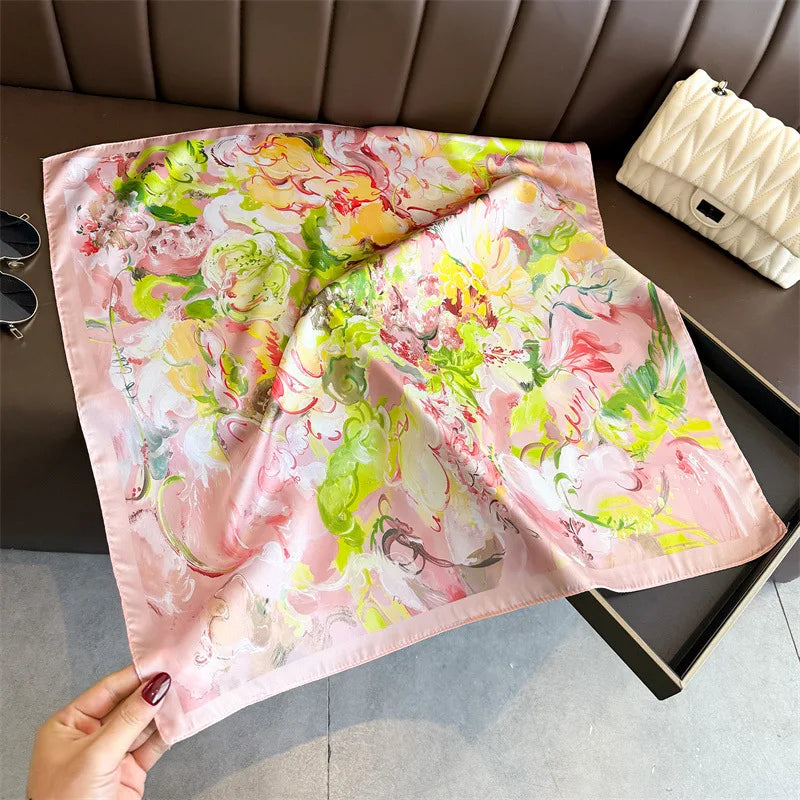 70cm Silk Square Scarf for Women Elegant Printed Neckerchief Sunscreen Shawl Headscarf for Office Commute Bandana and Bag Ribbon