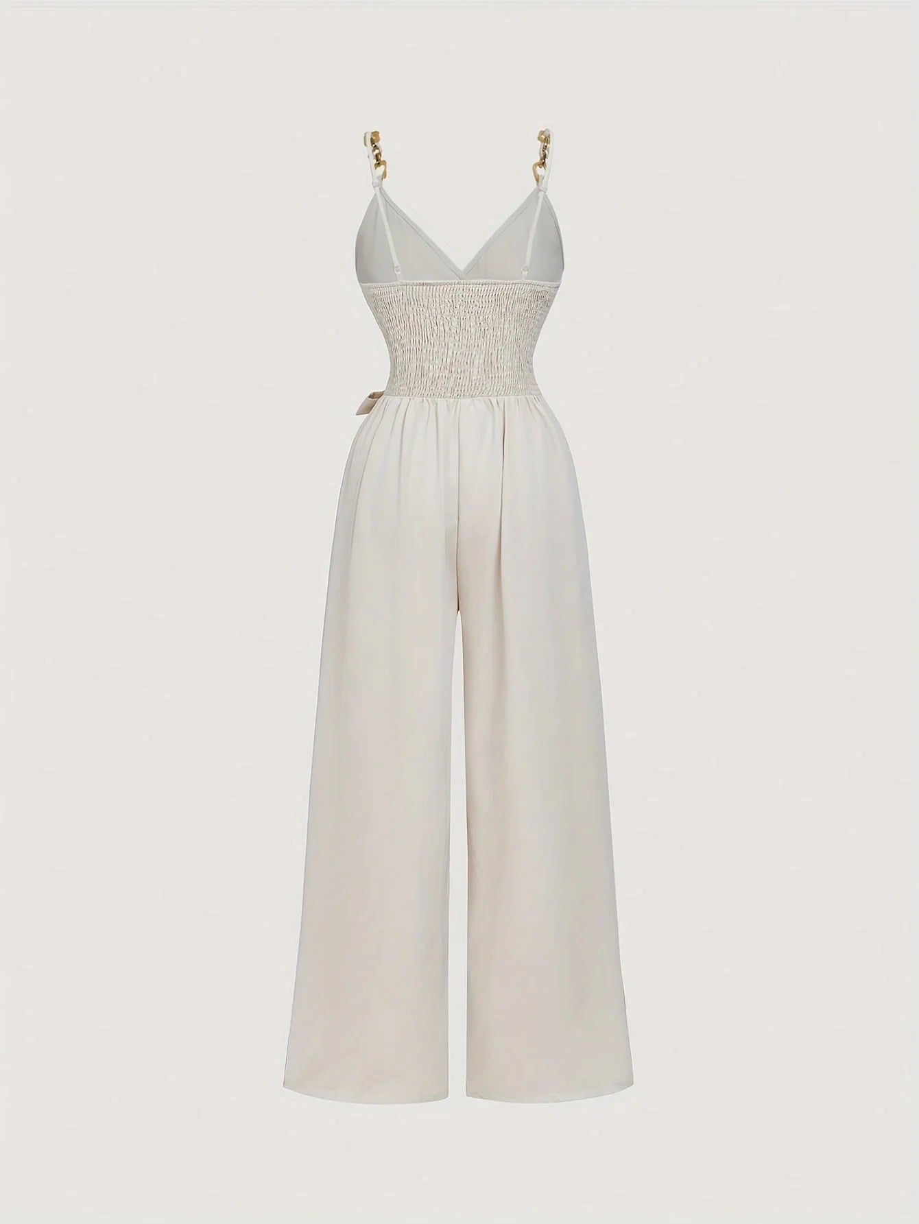 Spring/Summer New Women's Strap Jumpsuit French Style Elegant Academy Style Ins Classic Versatile V-Neck Decorative Buttons Bow Tie Straps Ruched Adjustable Shoulder Straps Camisole Top Wide-Leg Pants Women's Jumpsuit