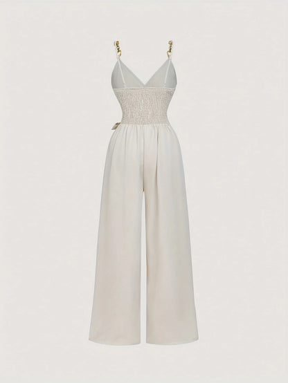 Spring/Summer New Women's Strap Jumpsuit French Style Elegant Academy Style Ins Classic Versatile V-Neck Decorative Buttons Bow Tie Straps Ruched Adjustable Shoulder Straps Camisole Top Wide-Leg Pants Women's Jumpsuit