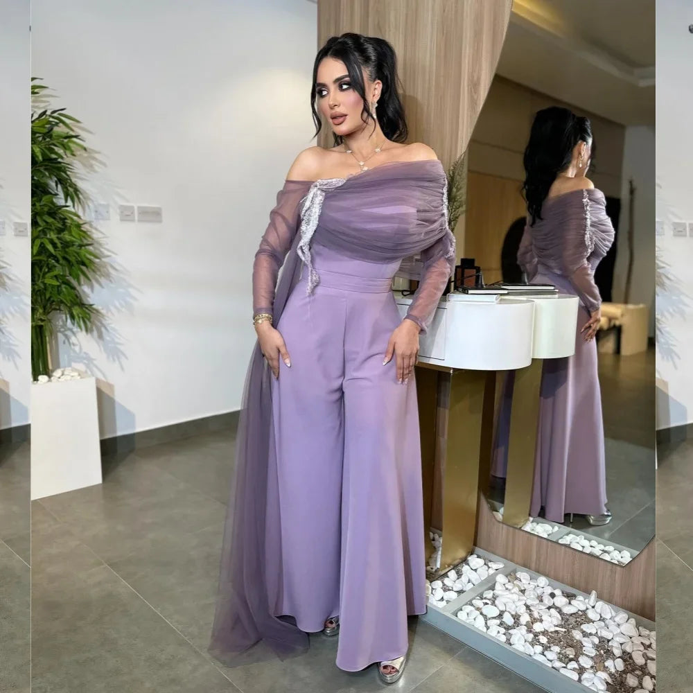 Customized Jersey Applique Cocktail Party A-line Off-the-shoulder Bespoke Occasion Gown Midi Dresses