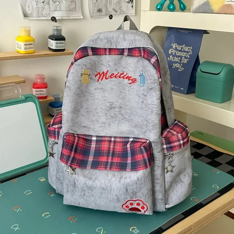Preppy Style Blue Backpack for Girls, Plaid Spliced School Bag, Cute Nylon Daypack Star Pendant, Large Capacity Student Rucksack