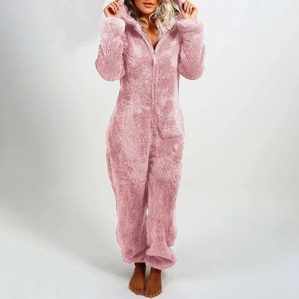 Casual Cute Women's Thick Warm Furry Jumpsuit One-Piece Solid color Hooded Pants Set Home Wear Comfortable Jumpsuits Overall