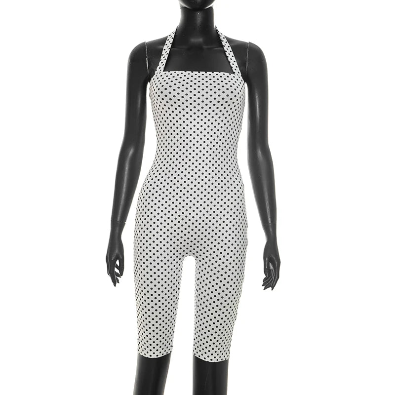 Fashionable polka dot sleeveless hanging neck slim fit jumpsuit, seven part jumpsuit