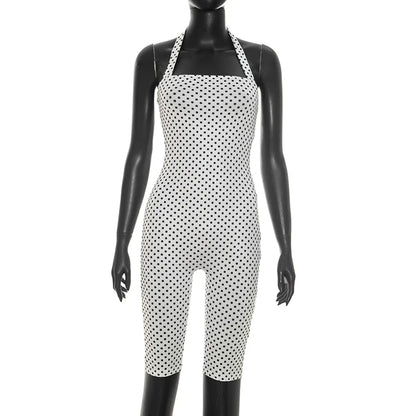 Fashionable polka dot sleeveless hanging neck slim fit jumpsuit, seven part jumpsuit