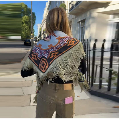 Fashion Vintage Printed Tassel Square Scarf Women Fringe Patchwork Shawl Waist Seal Accessories 2026 Spring Summer Street Shawls