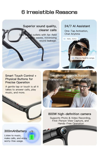2026 New Smart Glasses 800W HD Camera Video Record AI Assistant Touch Control Translation HD Audio 300mAh Battery Smart Glasses