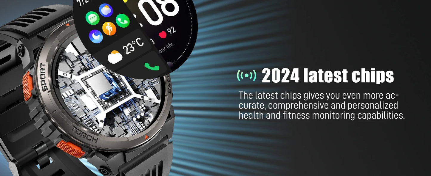 EIGIIS KE5 3ATM Waterproof Smart Watch for Men with LED Flashlight 1.45'' HD Rugged Smartwatch with 530mAh Big Battery