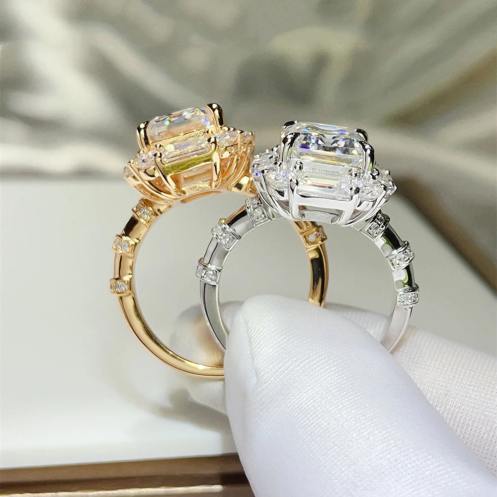 BXINY Luxury 9cttw Emerald Cut Full Moissanite Ring Pure S925 Silver for Women GRA Certified Diamonds Wedding Band Gifts Jewelry