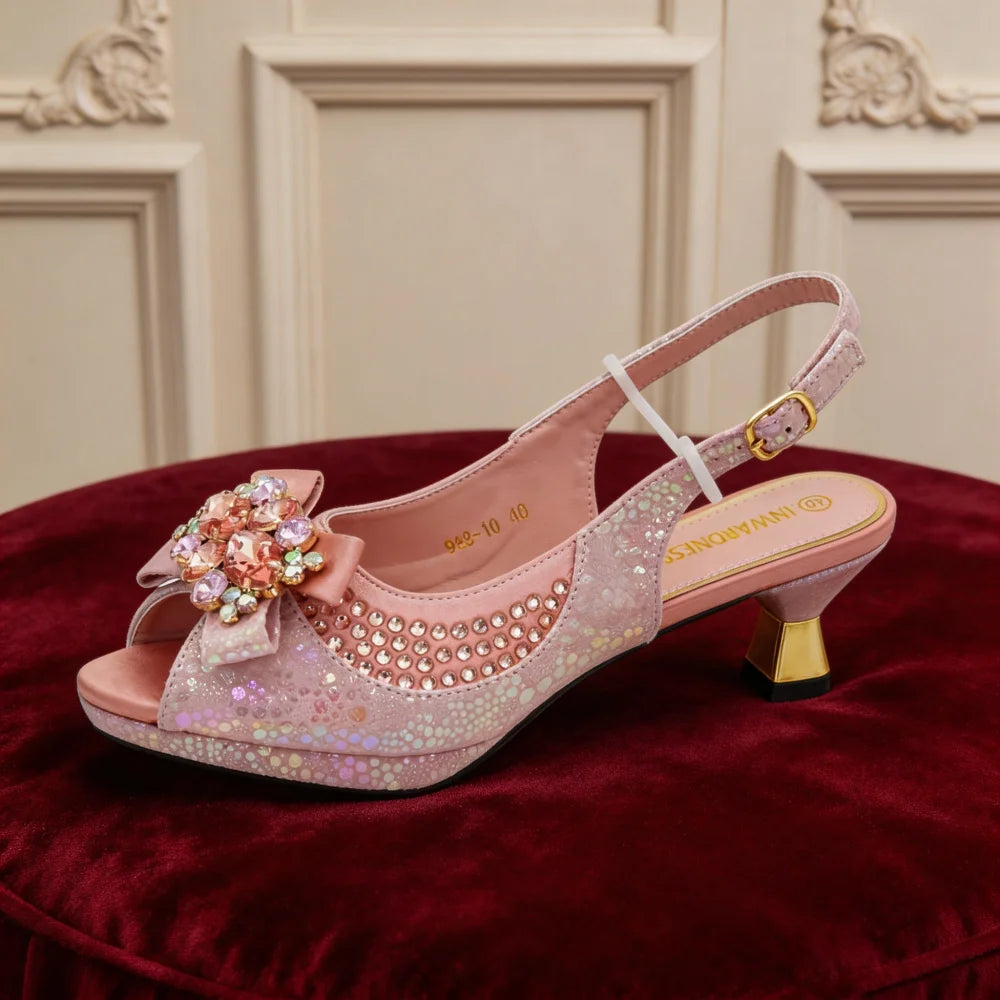Nigerian Heel Party for Women Gold Color Shoes and Bag Set Rhinestone Handbag Italian Design Wedding Pumps Women Shoes Luxury