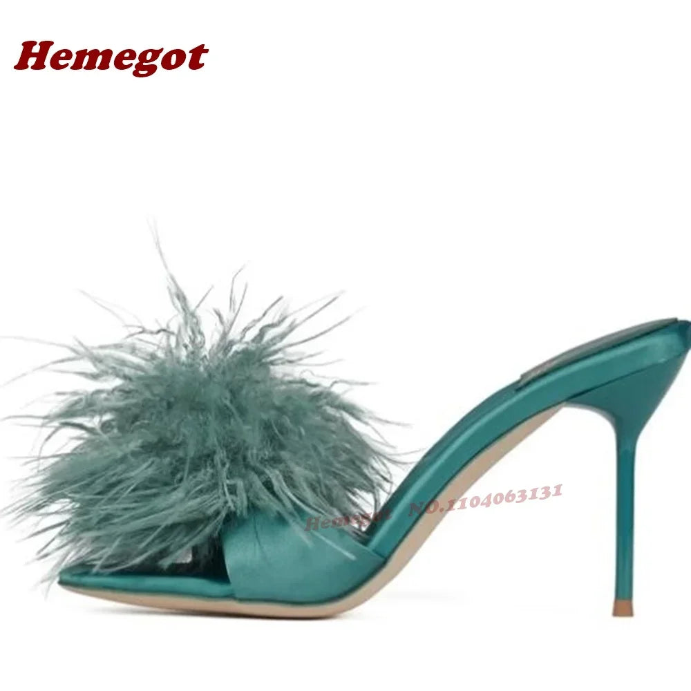 Purple Fluffy Fur Stiletto Heels Slippers Open Toe Satin Slip On Women Mules Summer Solid Patchwork Cute Casual Shoes Luxury