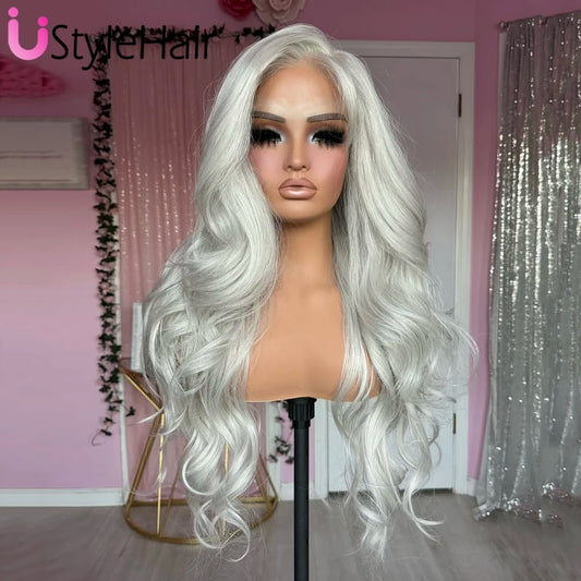 Light Silver Grey Lace Front Wig Long Body Wave Synthetic Hair Daily Wear Ash Platinum Wigs 13x4 Glueless Heat Resistant Fiber