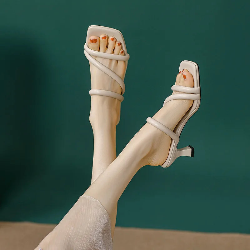 Elegant Ladies Glass Tacones Slippers Open Toe Thick Band Sandals Women High Heels Shoes Wedges Open Toe Slides Beach Sandalias