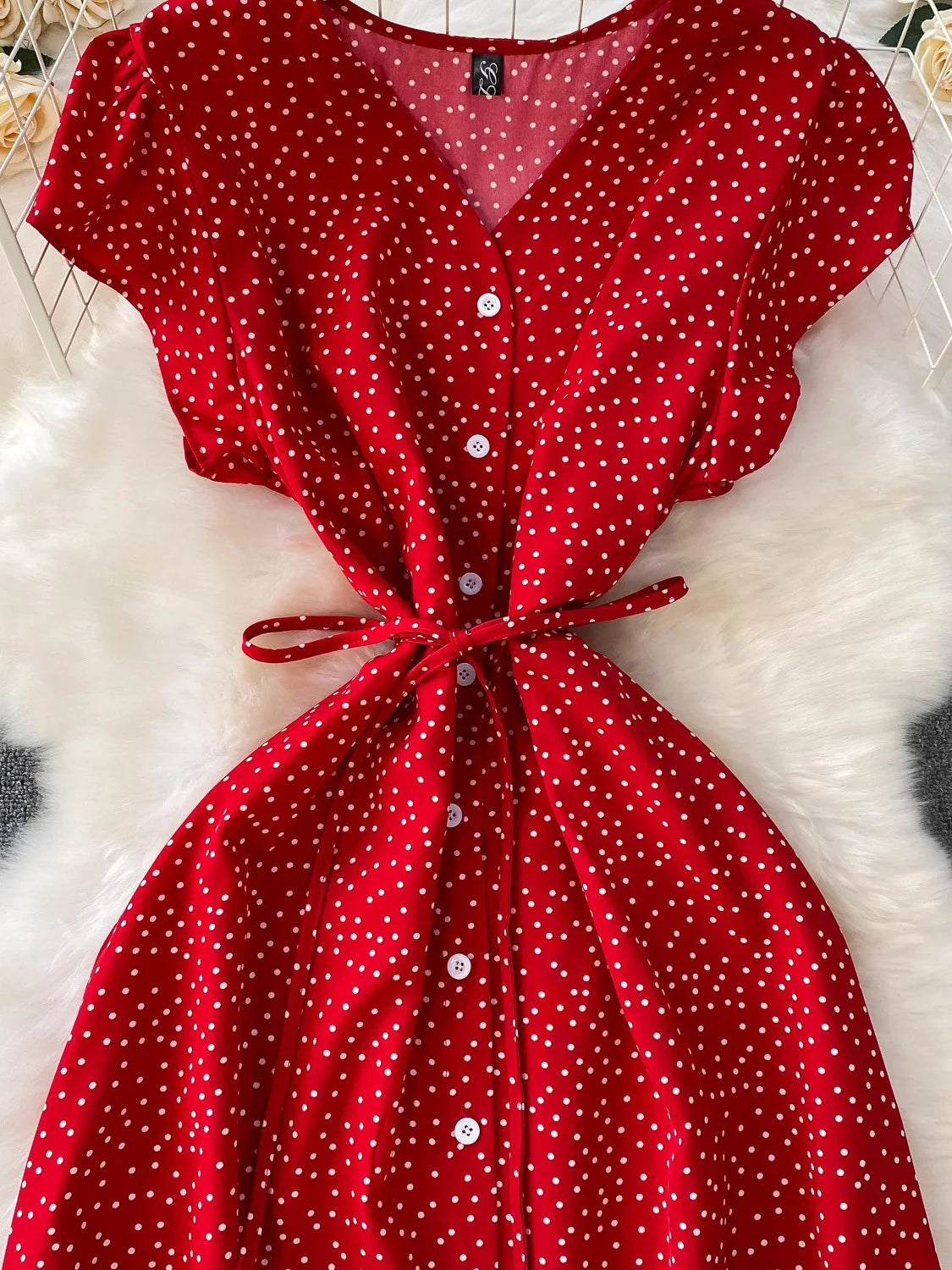 Summer Women Polka Dot Long Dress Vintage V-Neck Flying Sleeve High Waist Single Breasted A-Line Casual Vestidos Female Robe New