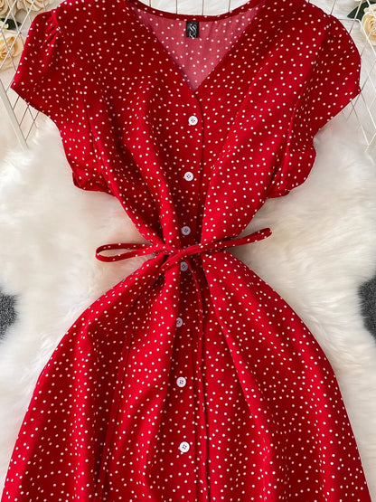 Summer Women Polka Dot Long Dress Vintage V-Neck Flying Sleeve High Waist Single Breasted A-Line Casual Vestidos Female Robe New