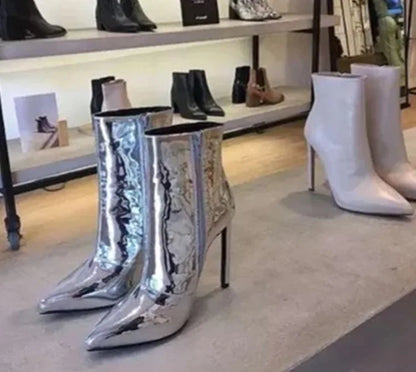 Design Ankle Boots Women Fashion Zipper Pointed  High Heels Gold Silver Patent Leather Short Booties Shoes Catwalk Shoes