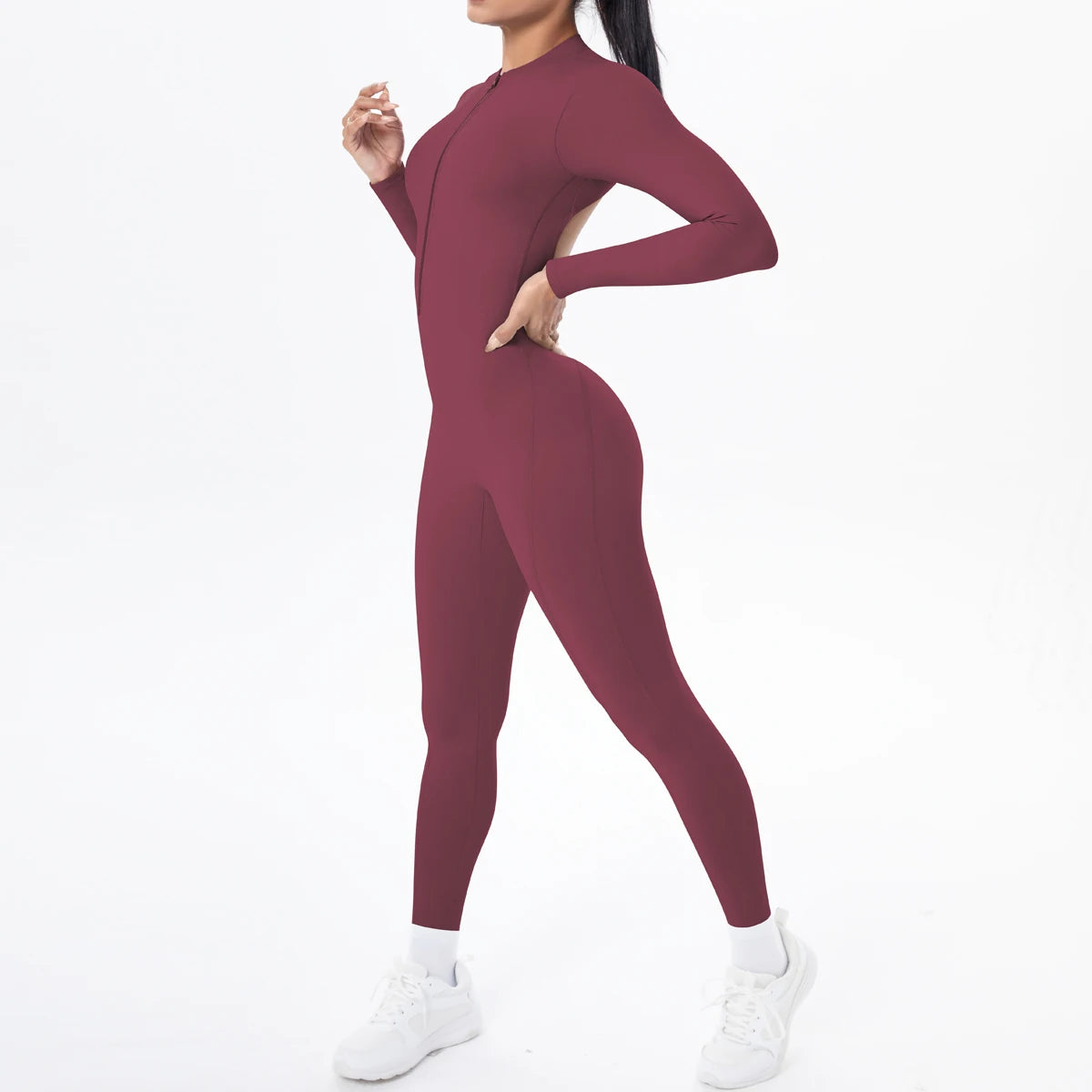 Solid Color Bodysuits for Woman's Backless Long Sleeved Zipper Yoga Jumpsuits High Dtrength Workout Sports Fitness Clothing Set