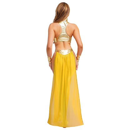 Women Ancient Egyptian Queen Cosplay Outfits with Collar Crop Top with Chiffon Skirt Metallic Shiny Indian Belly Dance