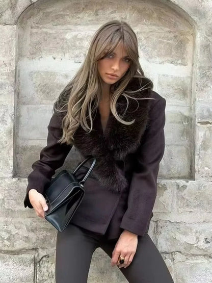 Women Winter Wool Coat Dark Brown Faux Fur Collar Slim Fit 2026 New Elegant Old Money Luxury Streetwear Outerwear
