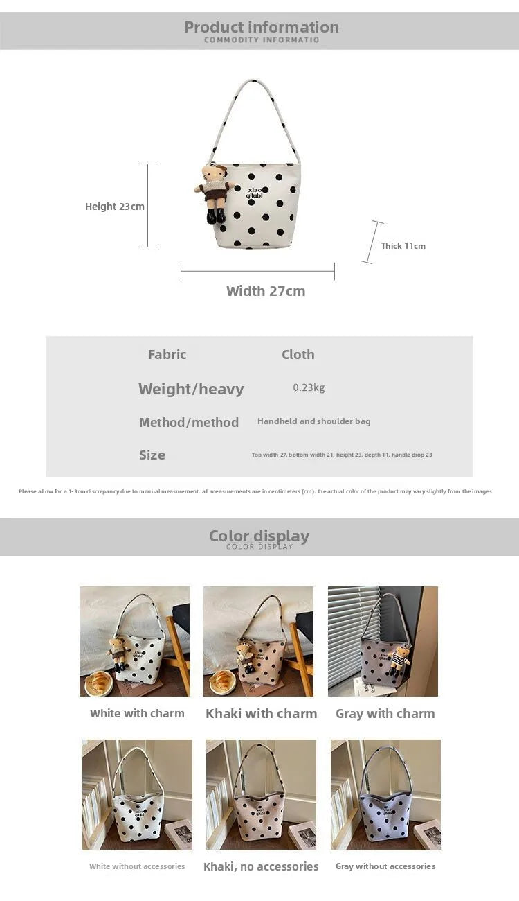 Korean Style Niche Linen Dot Shoulder Bag Women New Fashion Large Capacity Bucket Bag Casual Versatile Commuting Underarm Bag