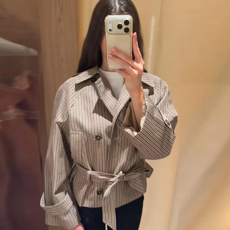 Plaid Cropped Trench Coat Lapel Collar Double Breasted Belted Waist Long Sleeve Women All-match Coats 2026 Autumn Commute Outfit