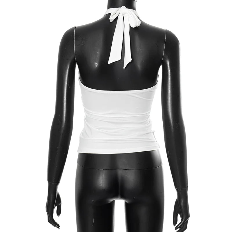 Women'S Solid Color Hanging Neck Tie Hollow Out Metal Ring Strapless Backless Tank Top Summer New Fashion Street Tank