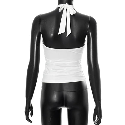 Women'S Solid Color Hanging Neck Tie Hollow Out Metal Ring Strapless Backless Tank Top Summer New Fashion Street Tank