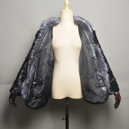 New Real Genuine Natural Mink Fur Coat With Fox Fur Collar Women's Fashion Knit Jacket Cape Lady Winter Real Mink Fur coat