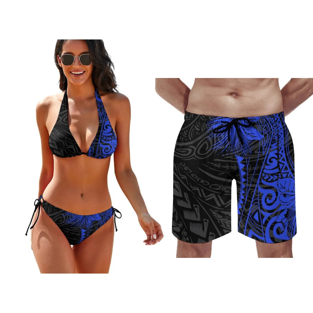 Polynesian Pattern Floral Print Lace-Up Swimsuit Pool Party Couple Suit Summer Custom Couple Suit Women Bikini Men Beach Pants