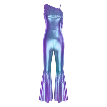Women Shiny Metallic Jazz Disco Dance Jumpsuit 70s 80s Hippie Costume Sequin Tassels One Shoulder Bell Bottom Bodysuit Rompers