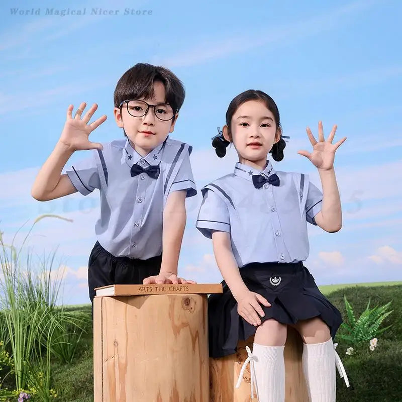 Summer School Uniform Children's Kindergarten Costume Kids Boys Academic Style Sportswear Girls Vintage Two Piece Set Clothing