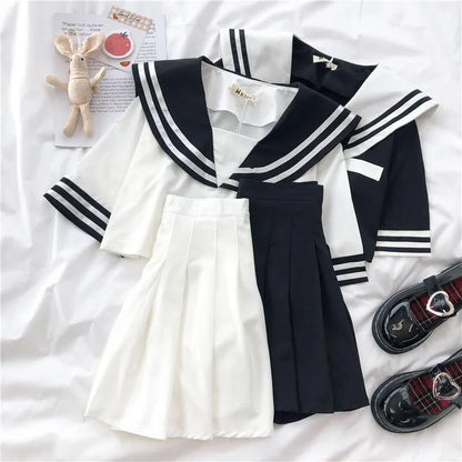 Japanese New Sailor Suit White and Navy Summer Women Student JK Uniform Suit College Style Girls Short Top Pleated Skirt Sets