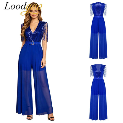 Women Evening 70s 80s Disco Costume Outfit Wide Leg Pants Cocktail Clubwear Party Romper Tassel Sequin Jumpsuits Fringe Jumpsuit