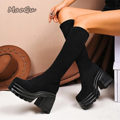 Short/Long Suede Leather Black Boots for Women Chunky High Heel Knee-High Boots Wedges Women's Fashion Shoes Size 35 Botas Mujer
