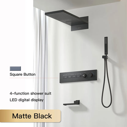Luxury Black Brass Shower System Wall-Mounted LED Digital Display Design Cold & Hot Dual-Control 4-Function Ceiling Shower Tap
