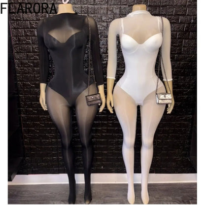 FLARORA Sexy Mesh See Through Jumpsuits and Bodysuits Suits Woman Wild Style Stretchy Skinny Playsuits Party Night Club Overalls