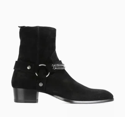 Brown Men Chelsea Boots Handmade High-quality Cow Suede Business Casual Square Toe Mid-heel Men Shoes Motorcycle Boots With Heel