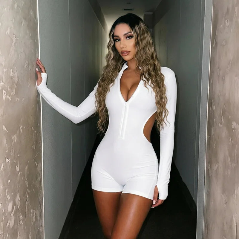 2026 Autumn Women Solid Backless Skinny Playsuits Fashion Zip-up Stand Collar Full Sleeve Ruched Peach Hip Slim Rompers Clubwear