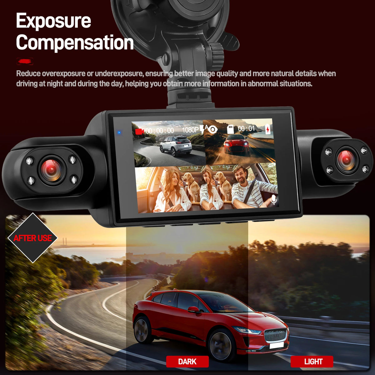 Podofo 3-inch 1080P Car Dash Cam with Four High-Definition Cameras, Including 480P Left Interior, Right Interior, and Rear Cameras Loop Recording, Night Vision, Reversing Help Video Recorder for Cars