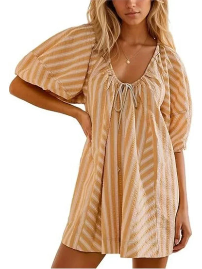 fall Beach Vacation Rompers Short-sleeve Striped Jumpsuit Slim Casual Loose Deep V Wide-leg Short Jumpsuit For Women Clothing